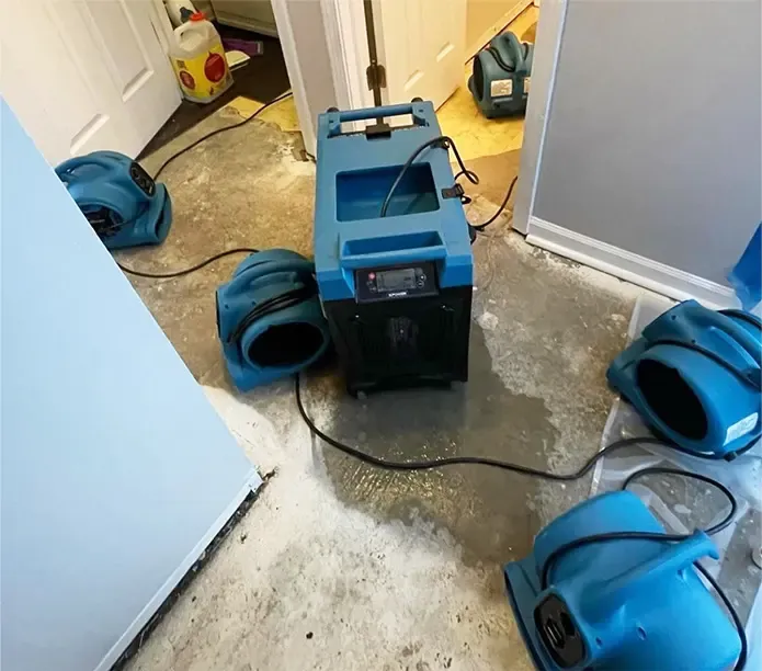 Air movers drying a room after a water loss in Alpharetta, GA