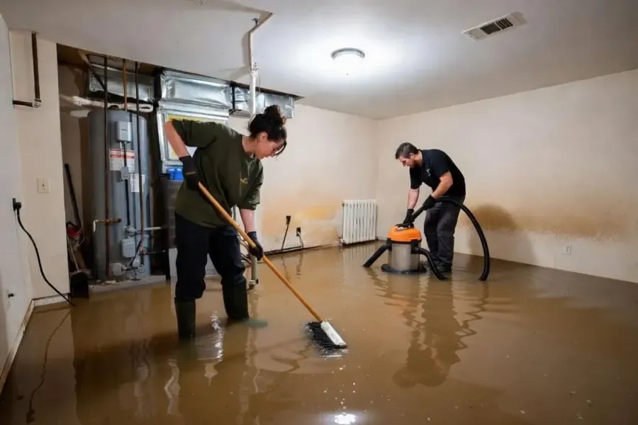Technicians removing water from a flooded finished basement in Alpharetta, GA