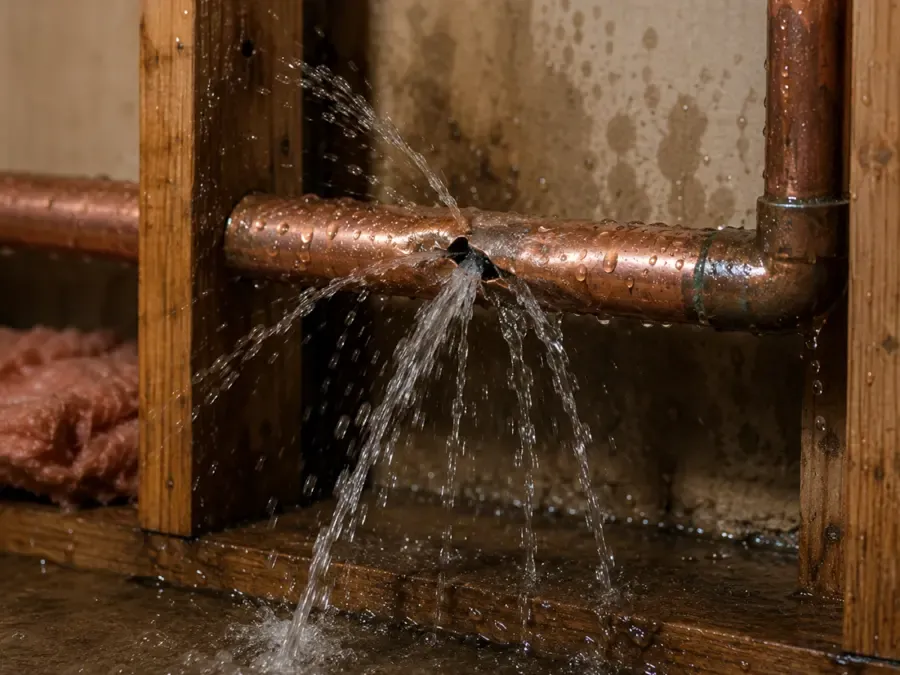 Water spraying from a burst copper pipe in an Alpharetta, GA home